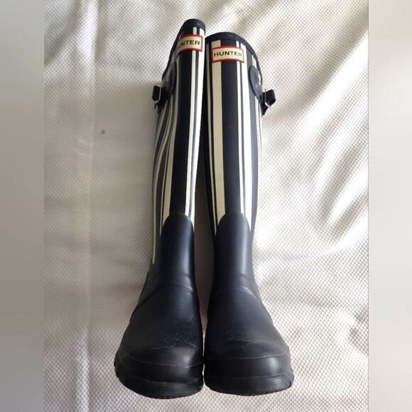 Hunter Black and White Striped Rain Boots - Picture 2 of 8